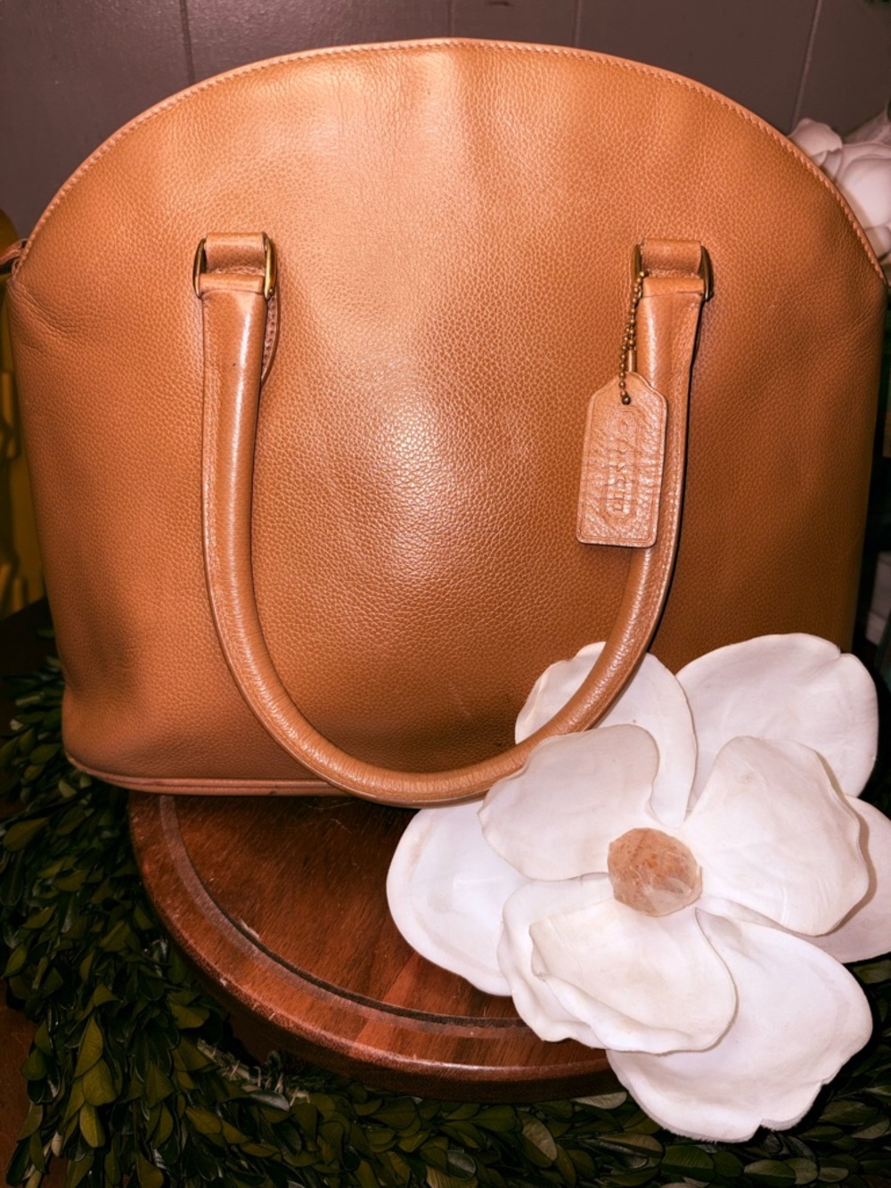 COACH Leather Dome Satchel Handbag - Caramel Brown